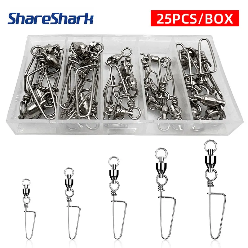 ShareShark 25pcs/box Stainless Steel Curved Pin Bearing Swivel Connector Set Large Bearing Swivel Fishing Tackle Accessory
