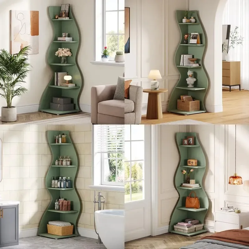 Modern 5 Tier Wooden Corner Bookshelf Small Storage Rack for Home Office