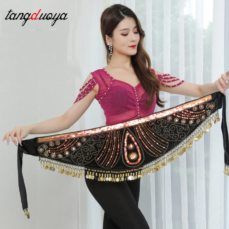 

Хип-шарф для танца живота с вышивкой бисером, 6-цветный женский пояс для восточного танца живота с монетами, одежда для практики, декор костюма