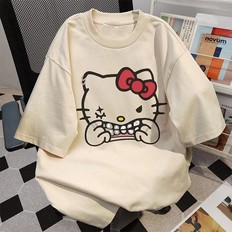 Cat Hello Kitty Short Sleeve Cotton T Shirt for Men and Women Couples Pure Cute Print Trend Tops Oversized T-shirt Unisex Tide