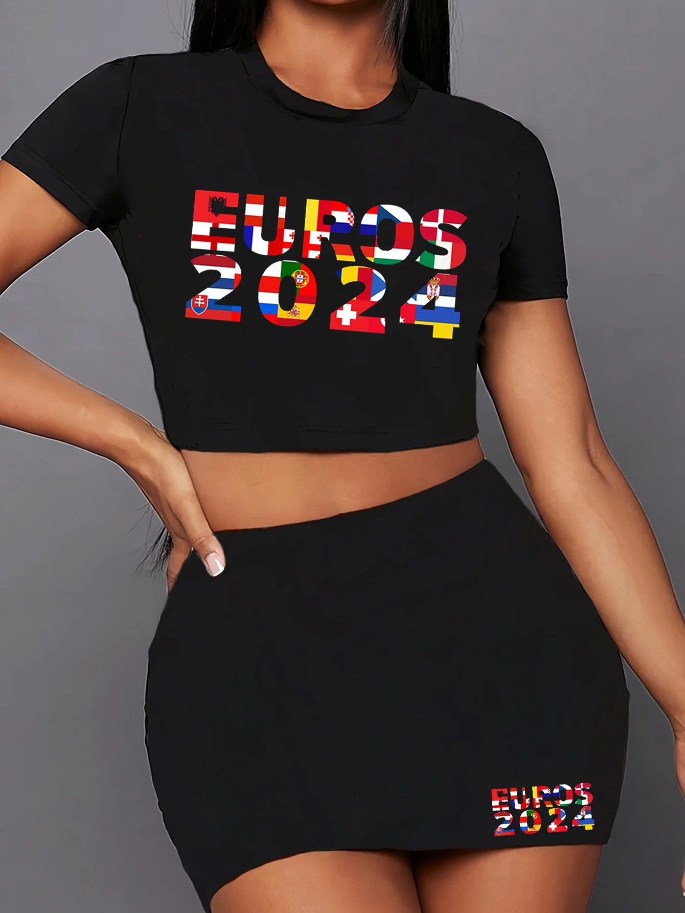 euros 2024 letter print two piece set, short sleeve round neck t-shirt & skirts, women's clothing