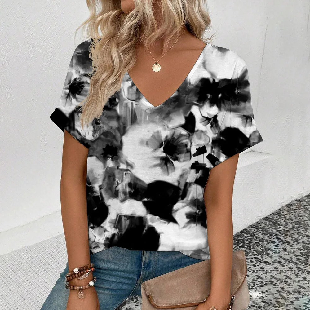 2024 Summer Women\'s V-neck T-Shirt Flower Pattern Print T-Shirt Fashion Casual Women\'s Short Sleeve Large Size Comfort T-Shirt