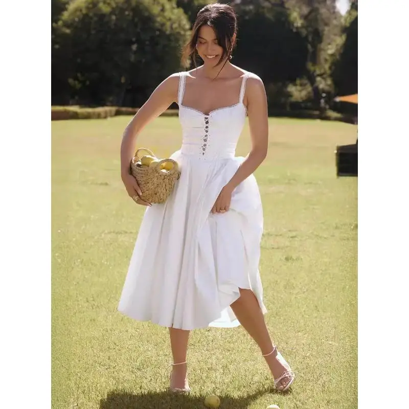 

Модные летние платья 2025 года во французском стиле, приморская тонкая уличная одежда для отпуска, белые элегантные и красивые женские платья