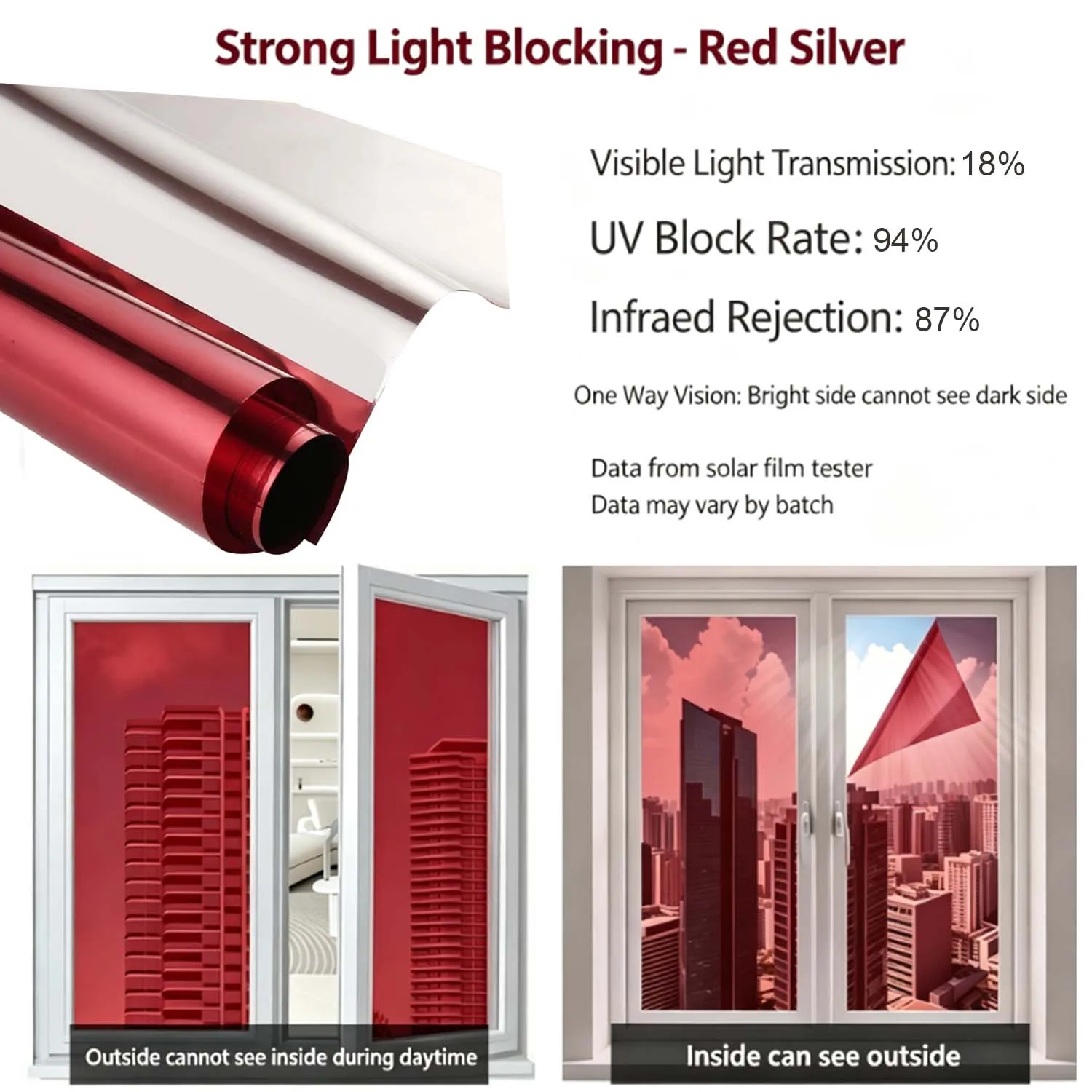 2mil One Way Mirror Red Silver Window Film, Strong Light Block Window Film, Heat UV Privacy Film for Home Office Glass Windows