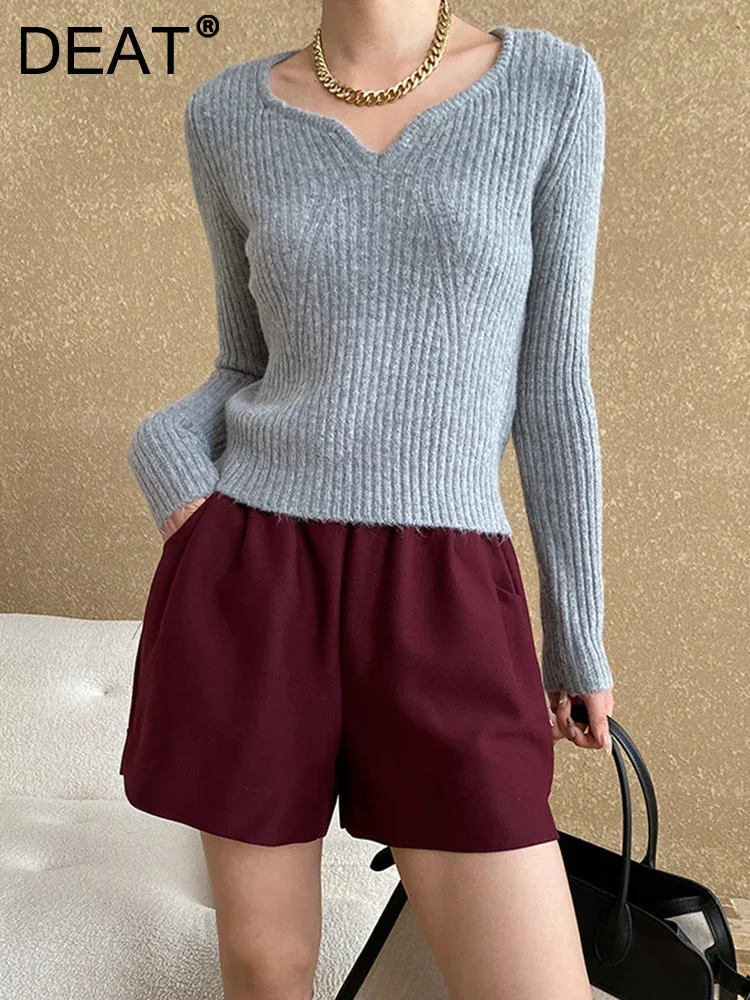 DEAT Fashion Green Knitted Pullover Women's V-neck Slim Brown Red Long Sleeve Pit Bottom Sweater Autumn Spring 2025 New 7AB6350