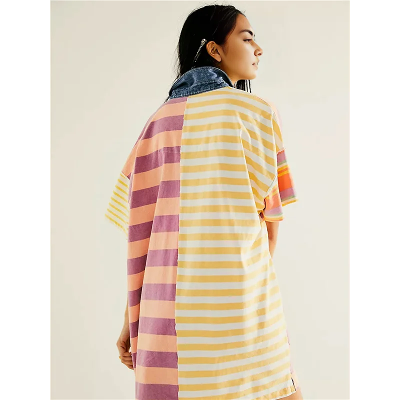 A83F-Women Contrast Striped Babydoll Y2k Summer Patchwork T- Shirt Dress Vintage V Neck Short Sleeve Dress