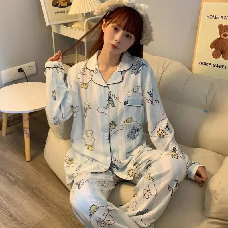 

Sanrio Cinnamoroll женские пижамы с героями мультфильмов для молодых девушек, осенние длинные брюки с длинными рукавами, тонкий стиль из чистого хлопка, домашний костюм, новый