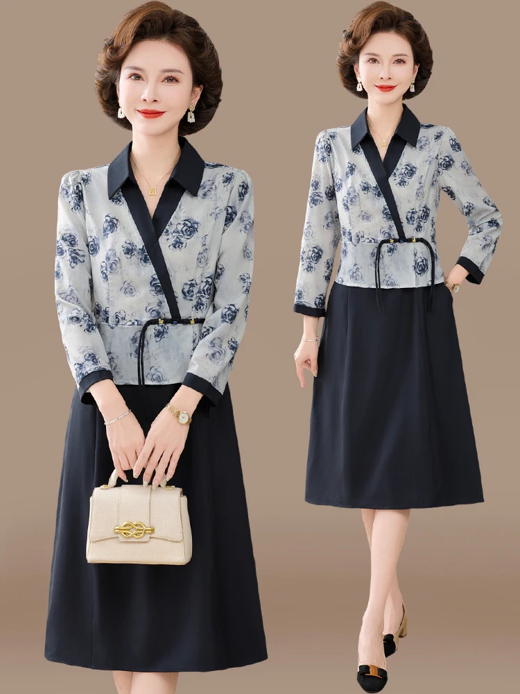 

Модное платье для мам с длинным рукавом, миди-длина, для женщин старшего возраста, весенне-осеннее, из полиэстеровой смеси, удобное, свободного кроя, с V-образным вырезом