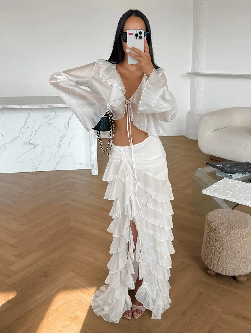 Spring Fashion Long Skirt Suit Women Perspective Horn Sleeve Shirt+high Waist Ruffle Slit Knee Length Skirt Autumn Two Piece Set