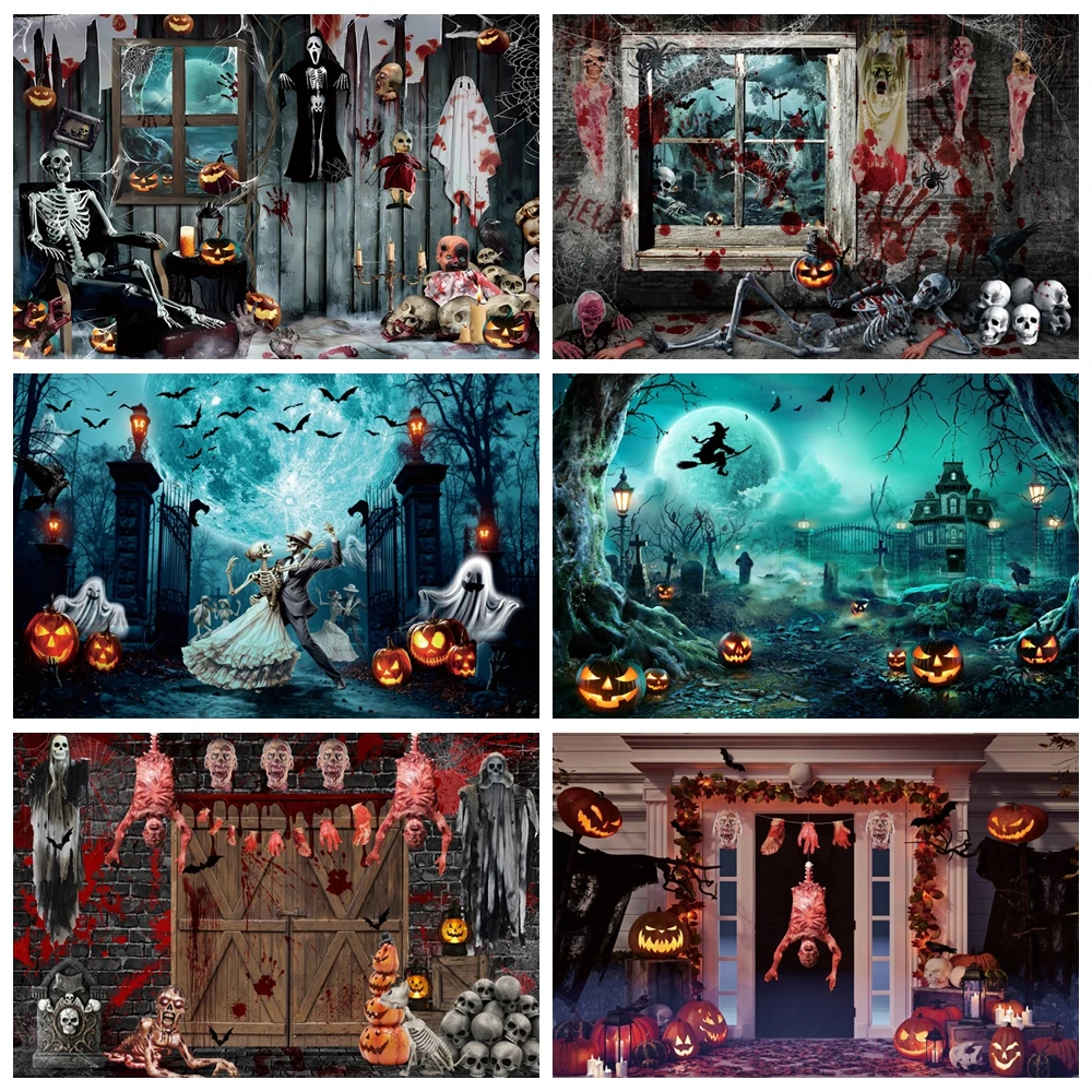 

Halloween Backdrop Horror Night Moon Scary Cemetery Ghost Witch Castle Skull Halloween Eve Kids Photography Background Decor