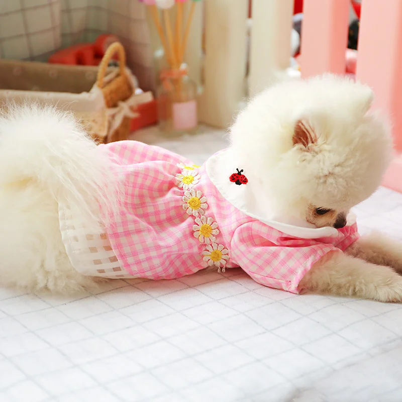 1PC Pet Clothing Cat Spring/Summer Thin Pink Plaid Ladybug Skirt Suitable for Small and Medium Dogs