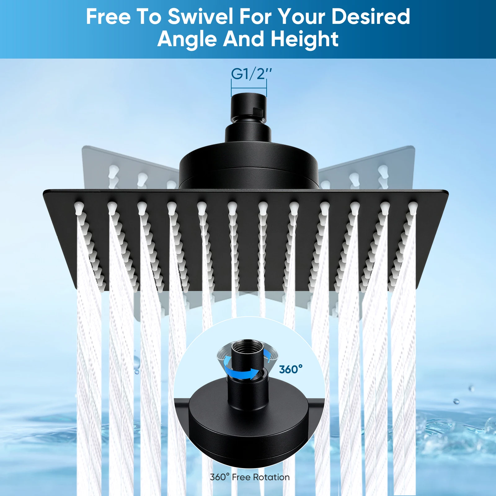 Square Rain Shower Head High Pressure Filtered Top Spray Silicone Nozzles 8/10/12 Inch Chrome Matte Black Bathroom Showerhead