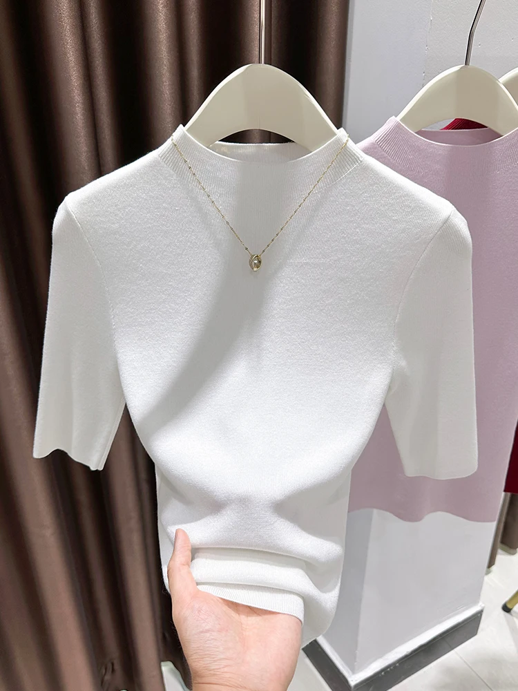 

Женская осенняя трикотажная футболка с высоким воротником, белая, с рукавом до локтя, в стиле «Маленькая Франция», базовая, из лиоцелла и шелка