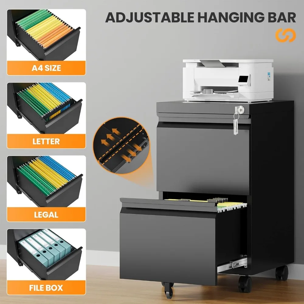 Secure Rolling Metal File Cabinet for Home Office, 2-Drawer Storage with Lock, Compact Under Desk Filing System