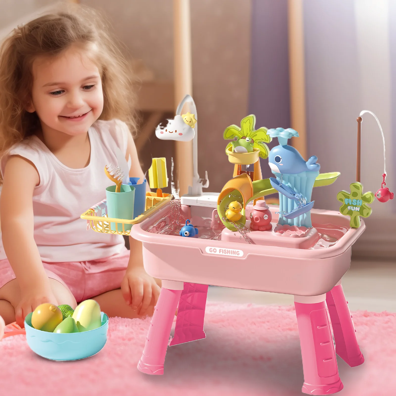

Kid Water Table Beach Outdoor Toys 4-in-1 Sink Toy With Electric Faucet Educational Pretend Play For Boys Girls Picnic School