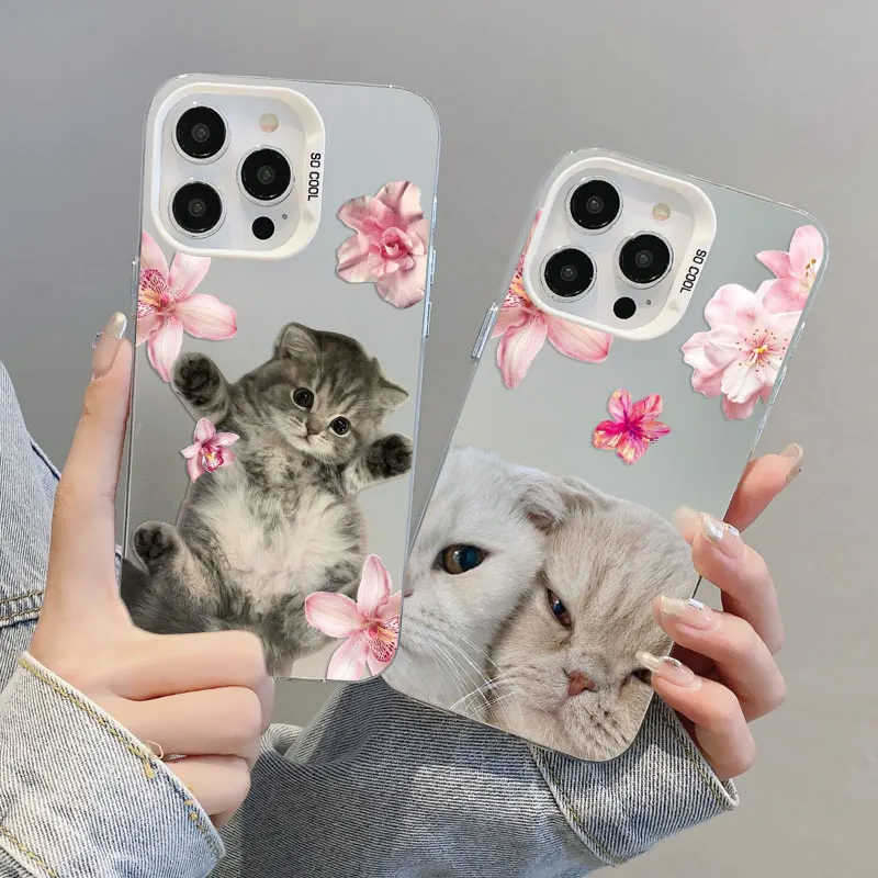 

Kitten Cat & Flowers Cute Animals Artistic Laser Phone Case for iPhone 16 11 12 13 Mini Pro Max 15 14 Pro Max Plus Back Coves
