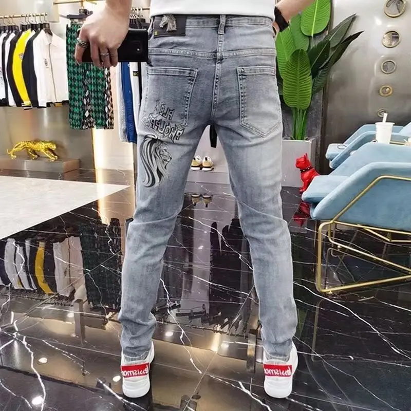 Men's Clothing Spring and Autumn high quality Y2K Jeans Thin Hot Drilling Printed Stretch Slim-Fit All-Match Pants