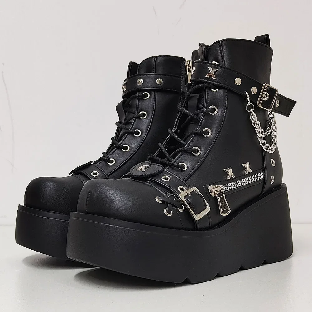 New Gothic Style Platform Vampire Cosplay Women Mid-calf Boots 2024 Winter Wedges Comfy Women Motorcycle Boots Shoes
