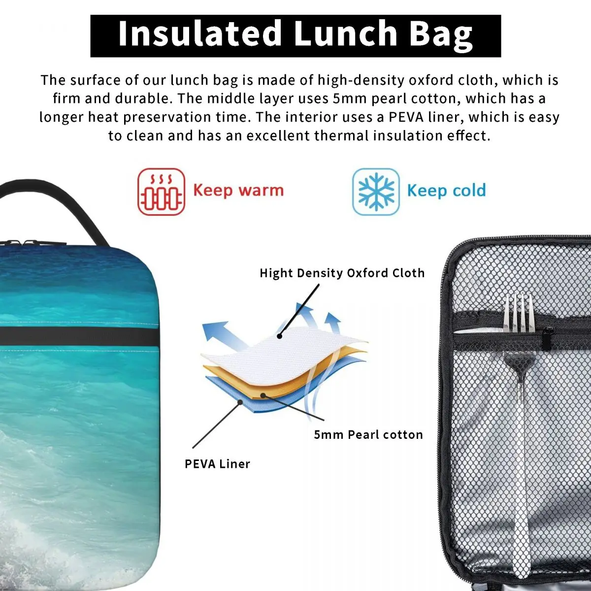 Light Blue Sea Wave Insulated Lunch Bag for Women Children Leakproof Food Boxes Thermal Lunch Box Tote