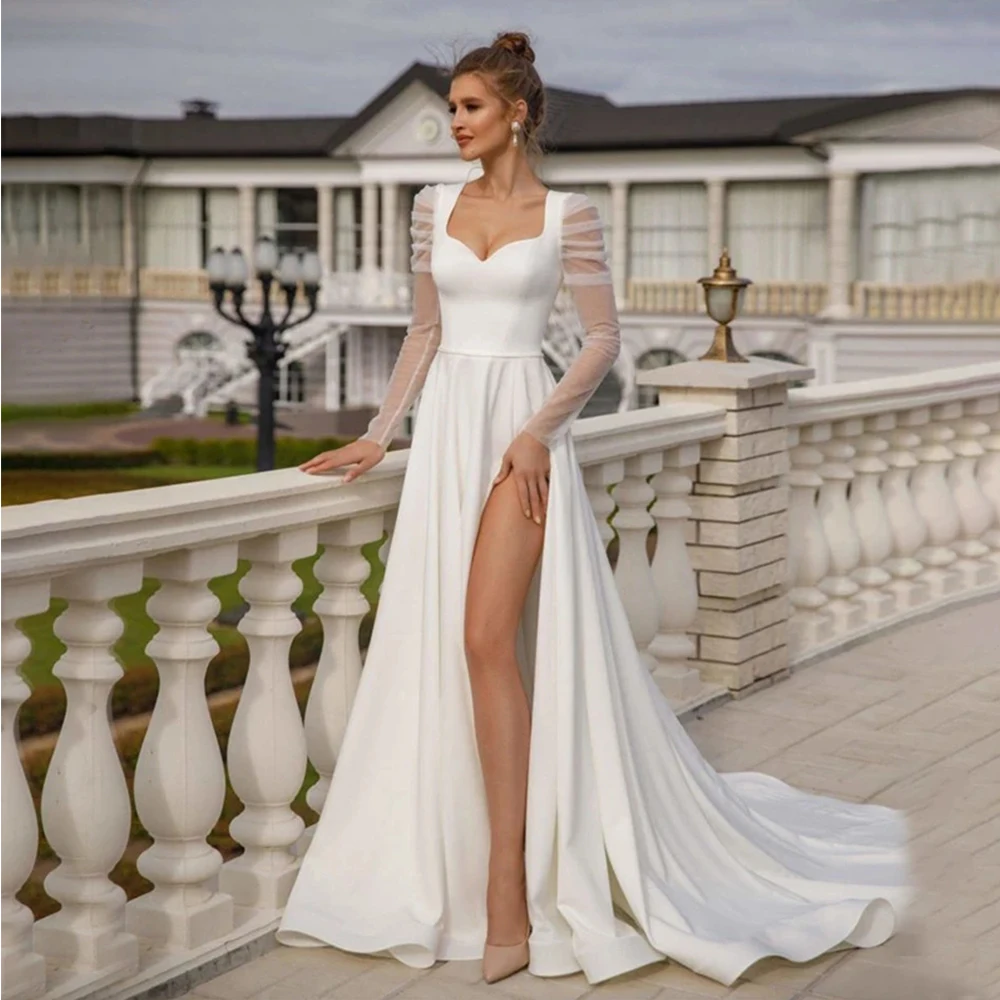 Hermoso vestido de novia de manga larga con abertura de sirena, elegante vestido de novia de satén con cuello de corazón, vestidos de novia blancos divididos Sexy