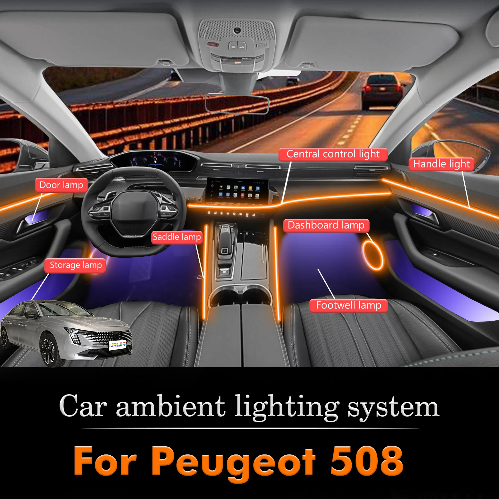

For Peugeot 508 Car Interior Mood Ambient Light RGB 64-Color LED Smart Remote Control Atmosphere Lamp Energy Saving Kit