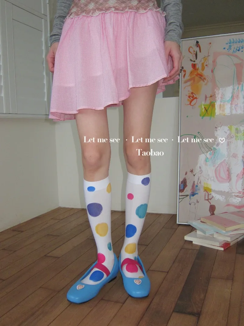 New Japanese Style Soft Girl Colorful Large Dot White Base Stockings Printed Pantyhose White Color Colorful Hosiery Cute Tights