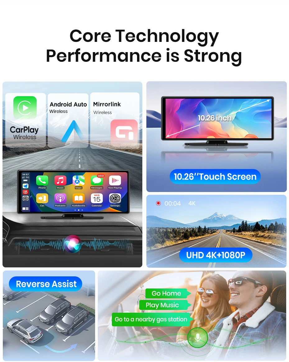 Junsun 10,26 Zoll Dashcam 4K Auto-DVR, kabelloses Carplay für Apple Android Auto, GPS-Navigation, Dashboard-Videorecorder, IPS-Touchscreen, Dual-Objektiv-Rückfahrkamera, BT-Audio, AUX, WIFI, FM – Detail 3