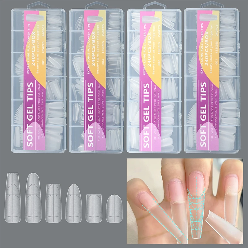 240 stks Ultradunne Dubbelzijdige Nep Nagels Met Extra Lijn No-Trace Nail Tips Clear Extension Kunstnagels DIY