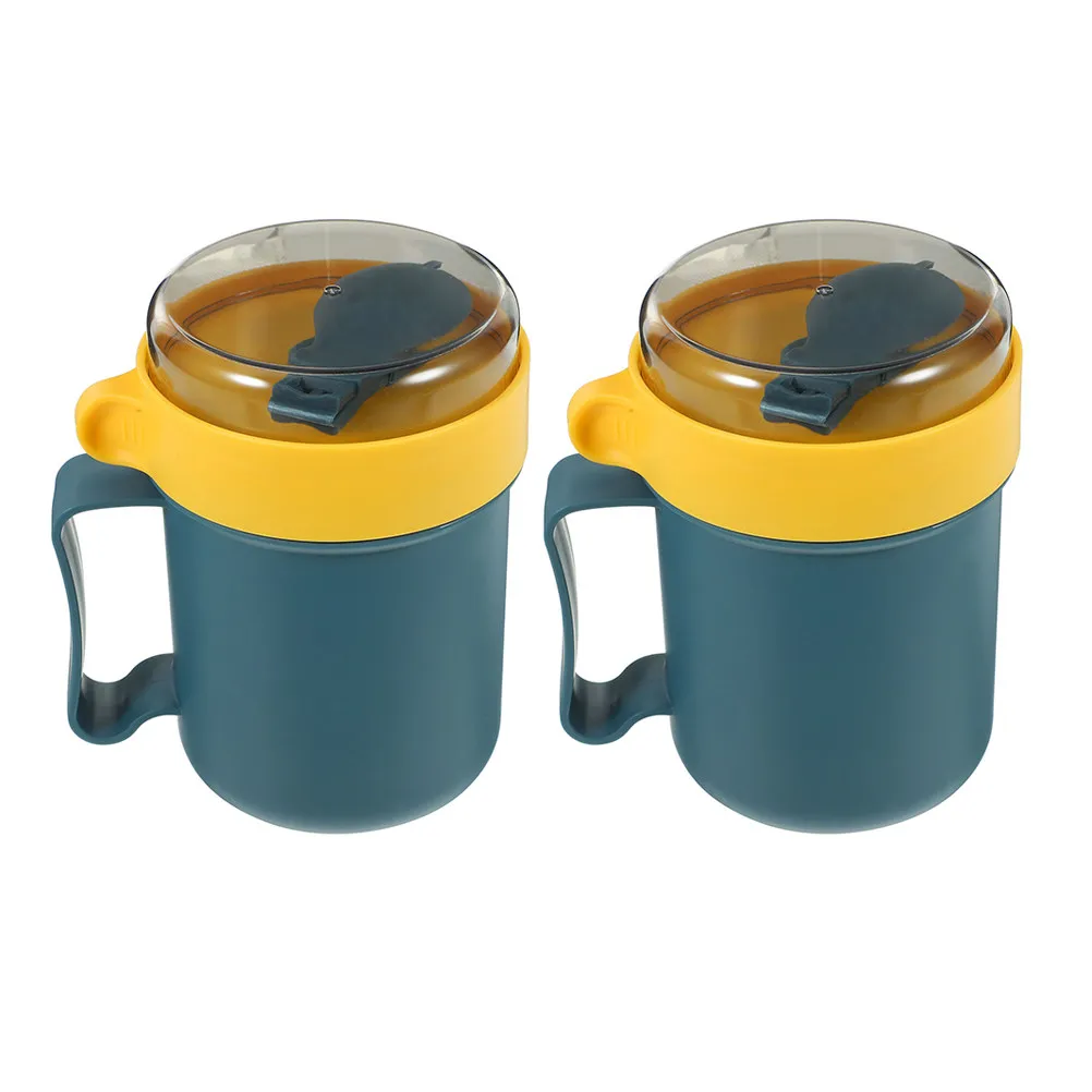 2 Tazas de Desayuno Estilo Japonés, Tazones de Sopa de Plástico, Aptos para Microondas, con Tapa y Cuchara, Recipientes Portátiles para Sopa y Snacks de Oficina