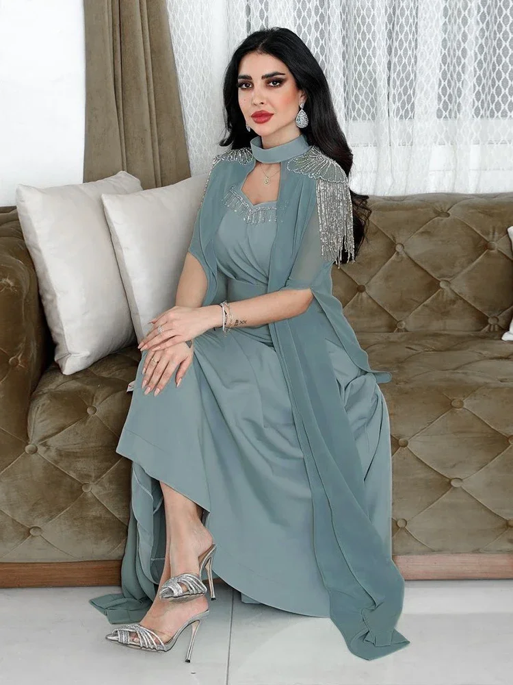 Eid Muslim Party Dress for Women with Cloak Ramadan Abaya Long Dress Belt Kaftan Vestidos Largos Dubai Tassel Robe Jalabiya 2024