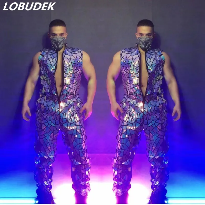 

Future Technology Dance Clothes Men's Singer Dancer Team Hip Hop Performance Jumpsuit Laser Sequins Rompers Bar Show Stage Wear