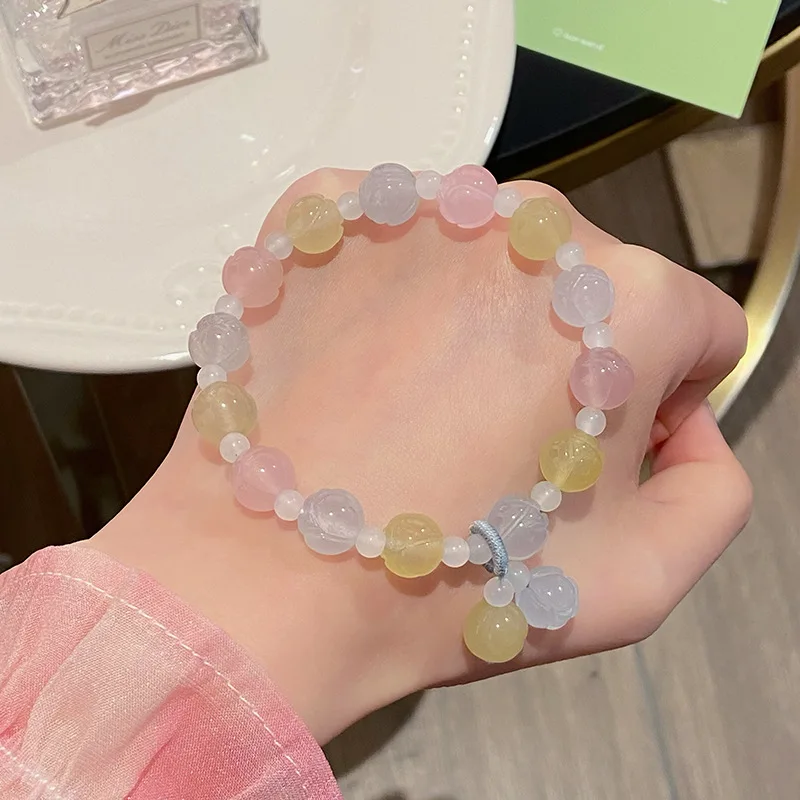 Soft Glutinous Sweet Fresh Spring and Summer Macaron Color Morgan Stone Carved Rose Ins Girl Heart Bracelet Ornament