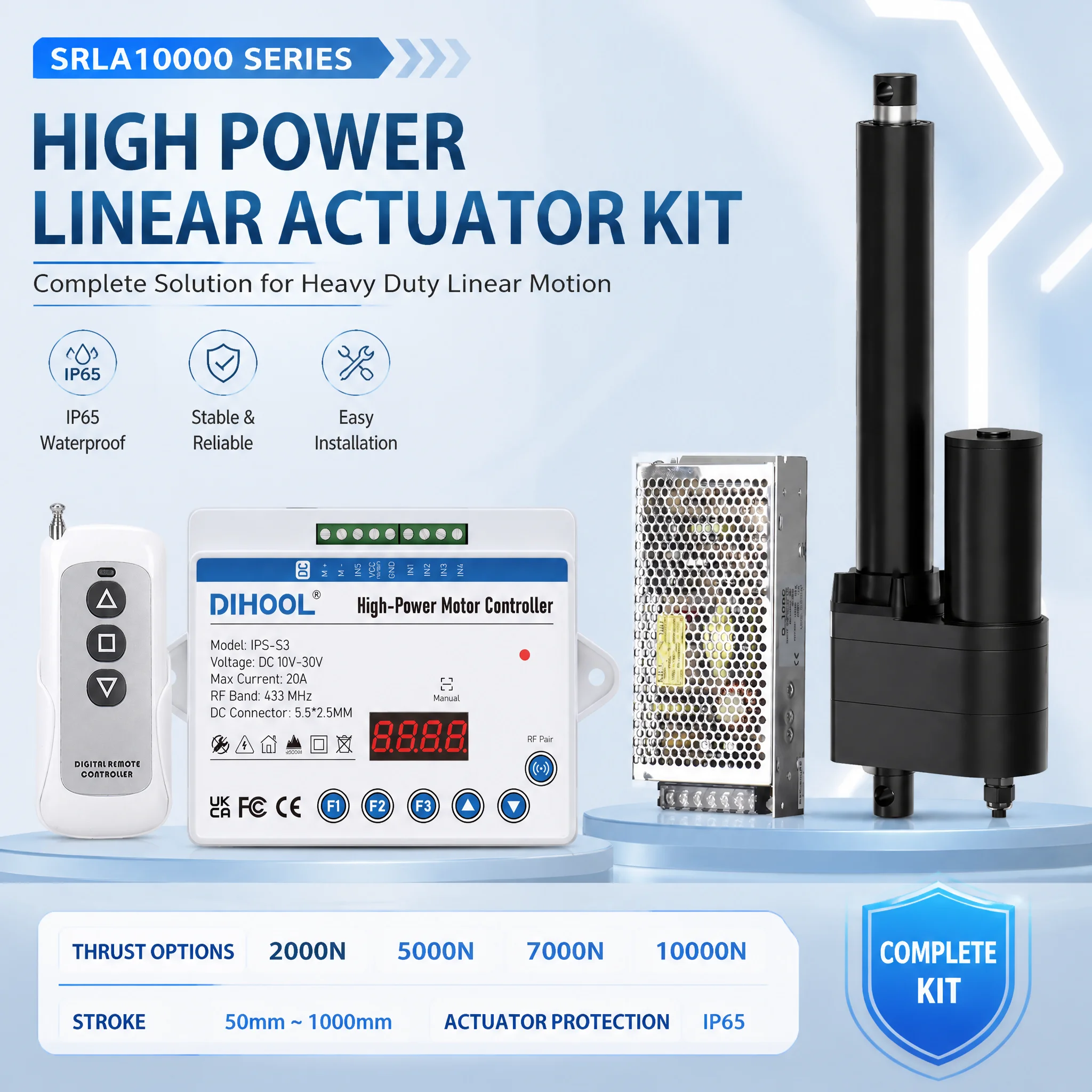 Linear Electric Actuator Complete Kit with Controller Power Supply Multi-Stroke Options Installation of lifting ears