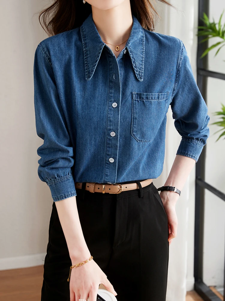 Long Sleeve Jean Blouse Women 2024 New Design Sense Niche Vintage Denim Shirts Fashion Turn-down Collar Tops