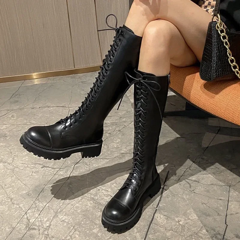 2023 New Women's Long Boots Thick Sole Knight Boots British Style High Non-knee System Rubber Upper Material