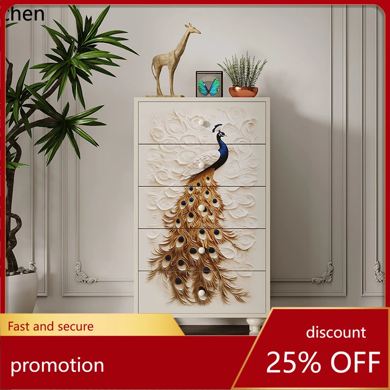 

HXL chest of drawers household bedroom solid wood storage modern minimalist art peacock painted drawer cabinet