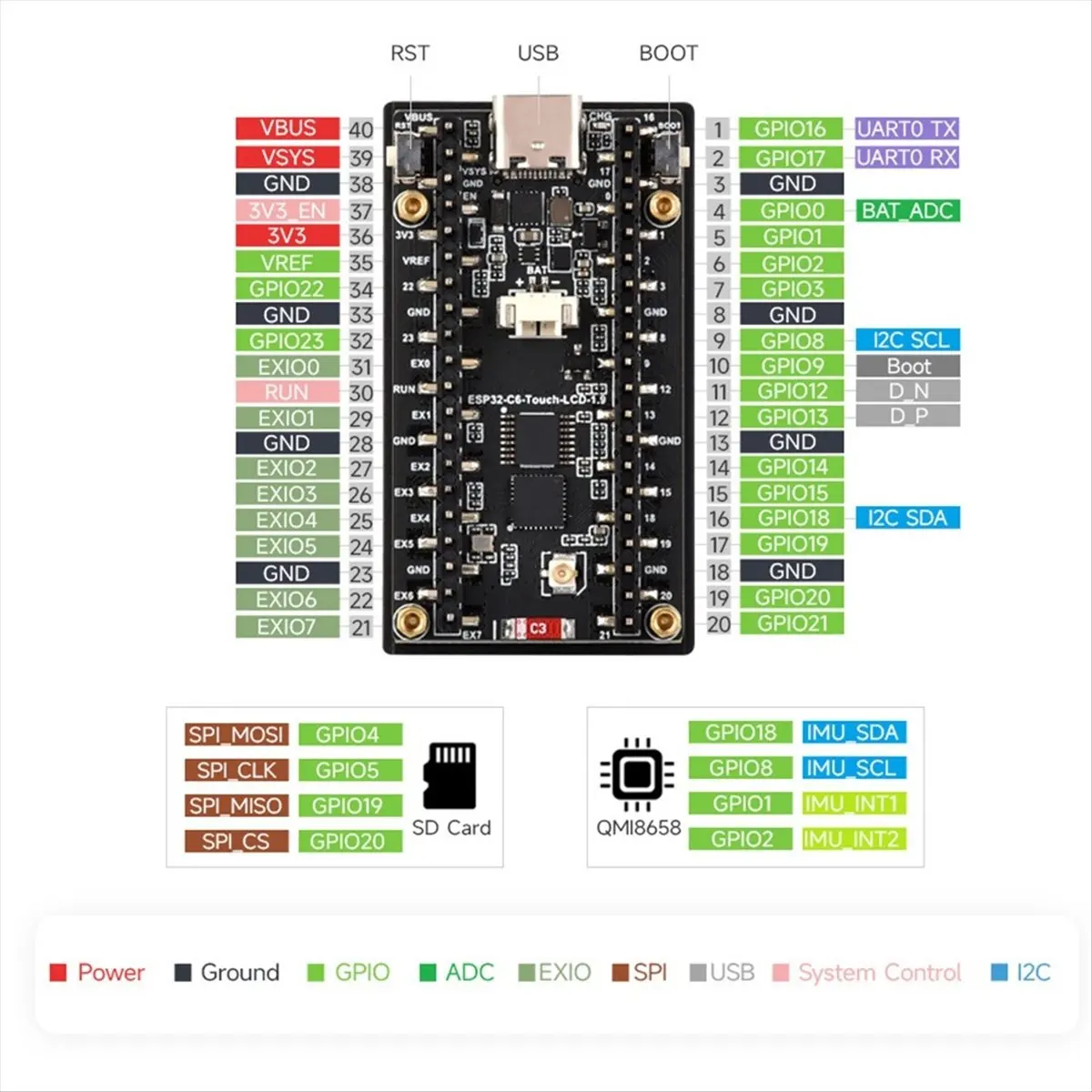 L63A  C6 Development Board with 1.9 Inch LCD Display 172x320 Resolution SD Slot RGB LED QMI8658 6- Sensor B