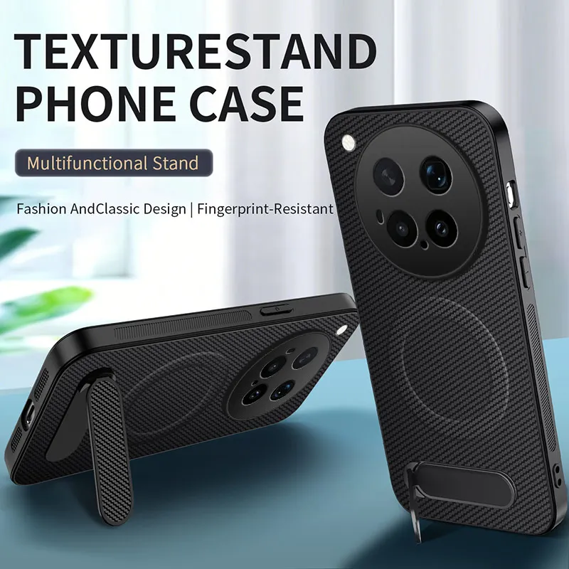 For VIVO X500 Pro Max Carbon Fiber Magnetic for Magsafe Leather Kickstand Hard Case for VIVO X 500 X500Pro Max Matte Shell