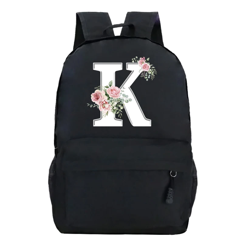 College Student Ladies Pink Floral Alphabet White Print Backpack Women Flower Harajuku SchoolBags Female Rose Letter Shoulder Bag