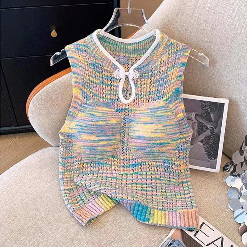 Chinese Style Buckle Hollow Out Rainbow Stripe Sleeveless Knitted Sweater Vest Women's 2024 Summer Slim-fit Chic Short Top