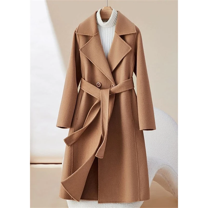

2025 модное двустороннее шерстяное пальто для женщин, облегающее пальто средней длины, новая осенне-зимняя коллекция, стильное