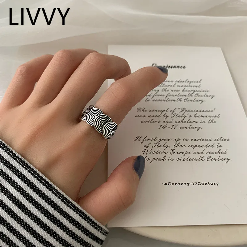 LIVVY Thai Silver Color Creative Circular Texture Adjustable Ring for Women Fashion Jewelry Party Accessories