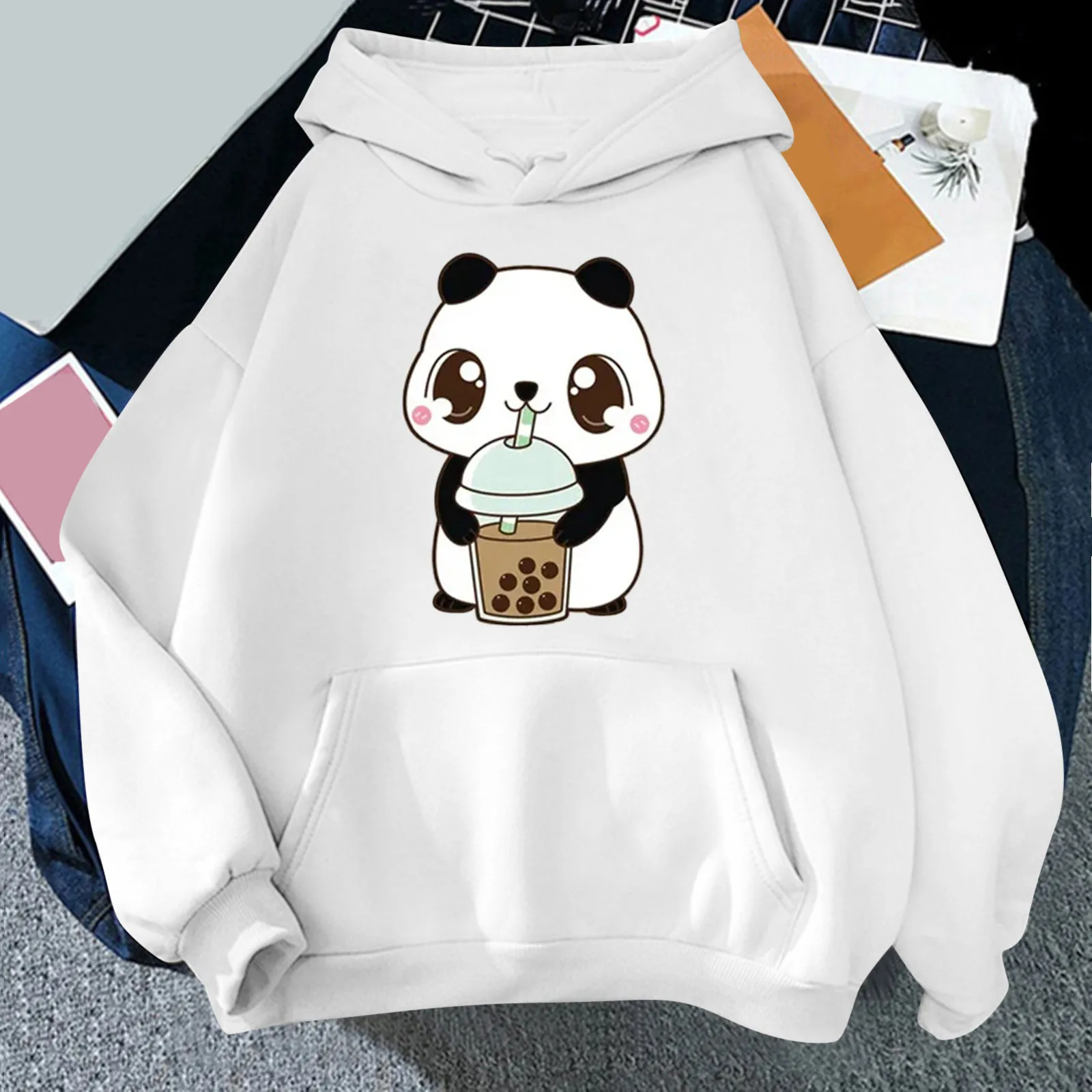 

Cute Panda Print Fashion Hooded Sweatshirts Fleece Loose Fit Comfort Hoodies Teen Girls Casual Long Sleeve Fall Winter Pullover