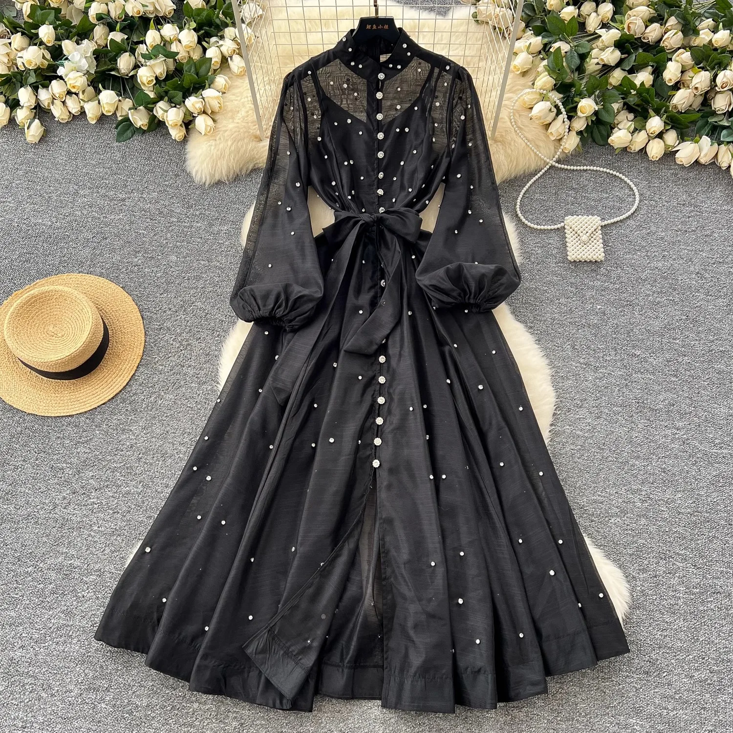 فاخر مأدبة مساء الزفاف فستان طويل المرأة فانوس كم مطرز الماس واحدة الصدر الزنانير شبكة Vestidos حفلة موسيقية الجلباب