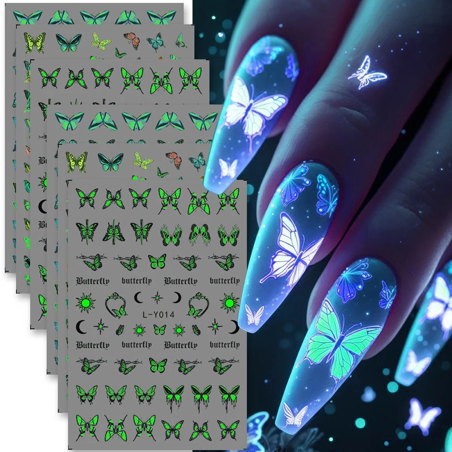 

9pcs Glow In The Dark Butterfly Nail Art Stickers Luminous Moon Star Design Halloween Y2K Adhesive Sliders Charm Manicure Decals