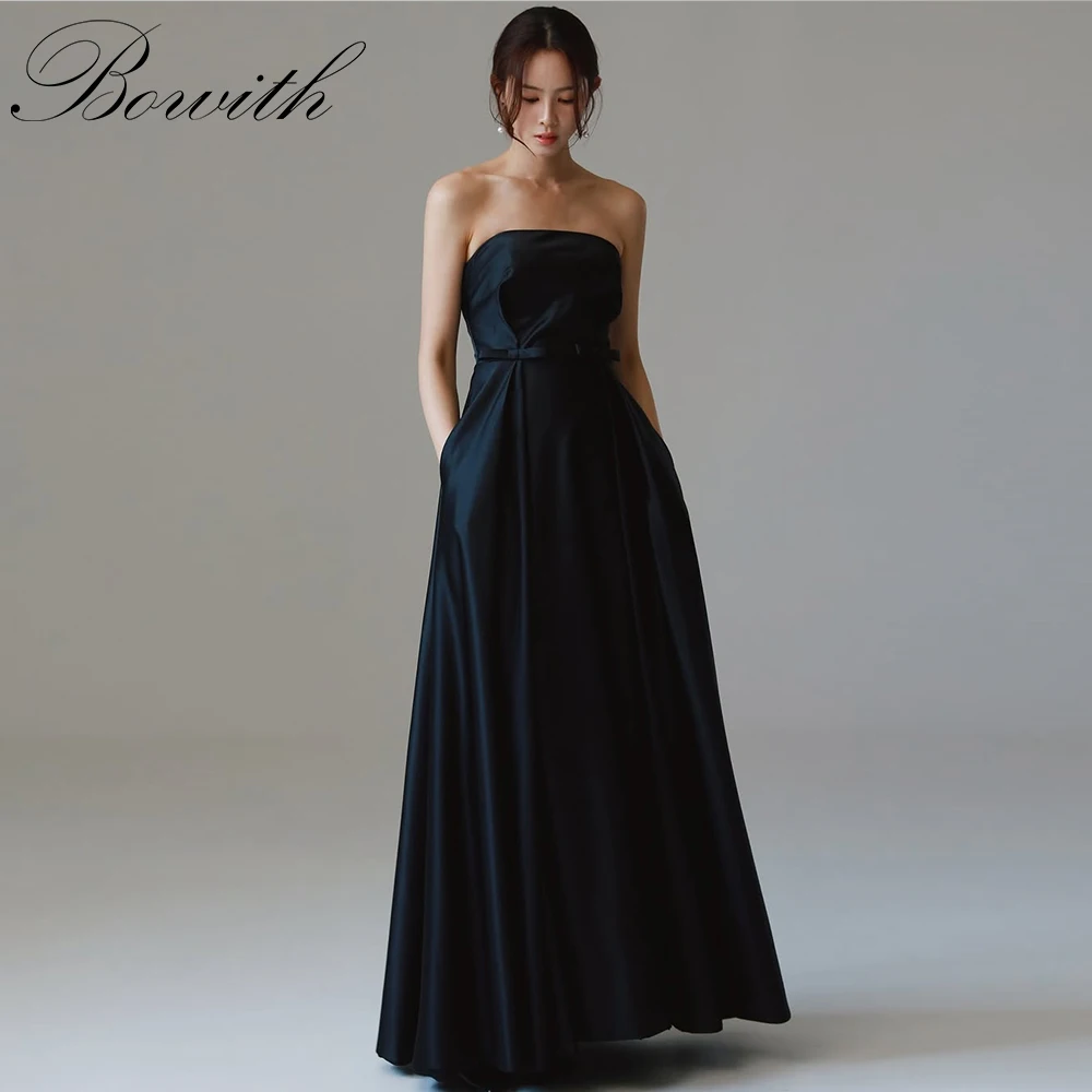 

Bowith Simple Black Korean Prom Dress Customized Strapless Satin Evening Dresses パーティードレス Photo Shoot Gown with Pockets