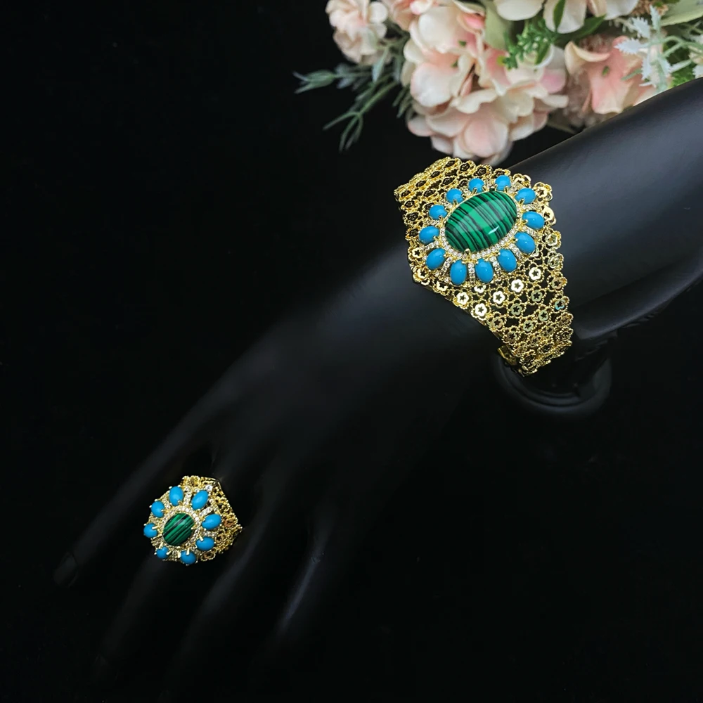 

Flora Turquoise Jewelry 2-Piece, Zircon Copper Plated Bangle Ring Set, Birthday Christmas Gift for Wife Her，Hypoallergenic Gift