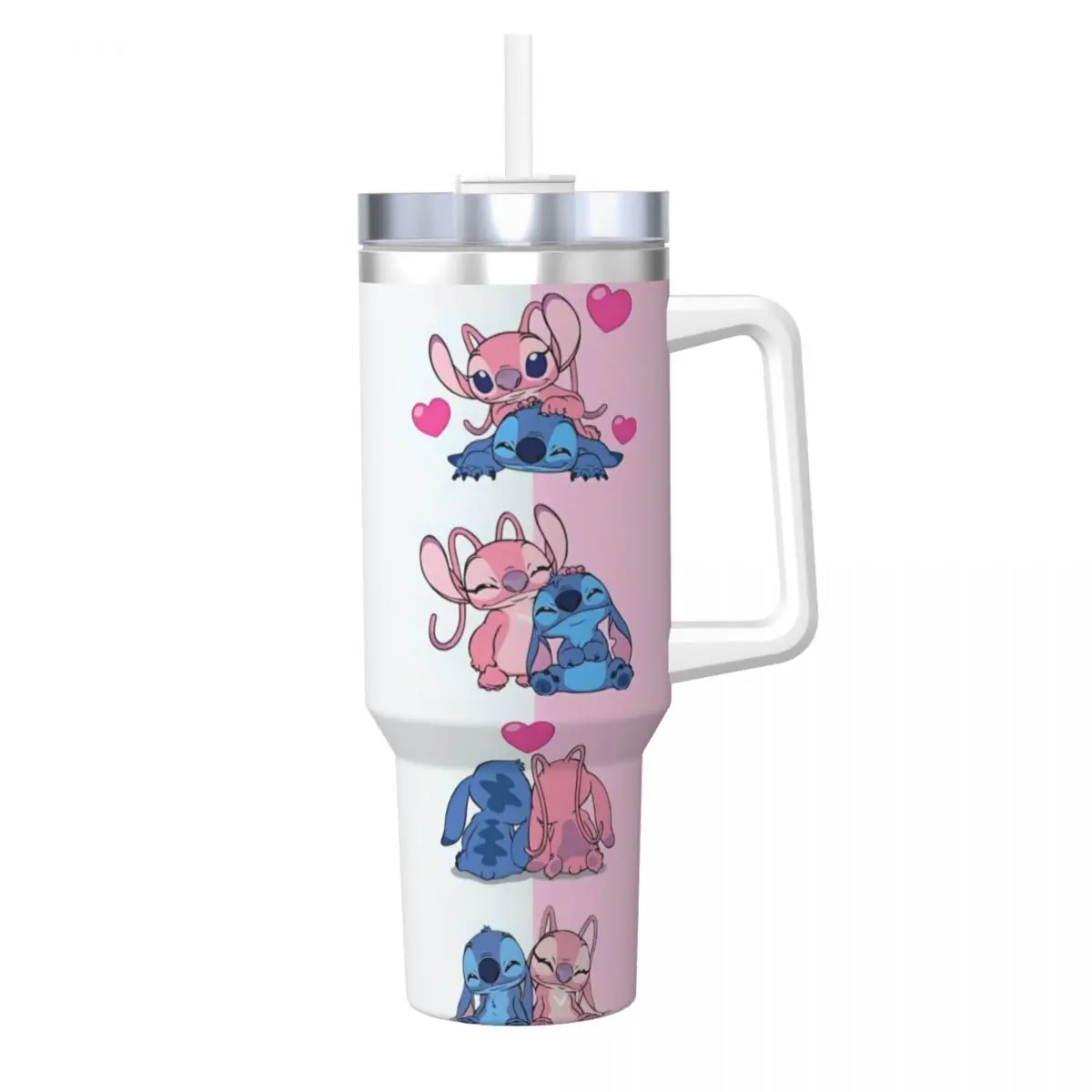 Kawaii Stitch And Angel Stainless Steel Tumbler Cartoon Comic Travel Thermal Cups With Straws and Lid Large Mugs Water Bottle