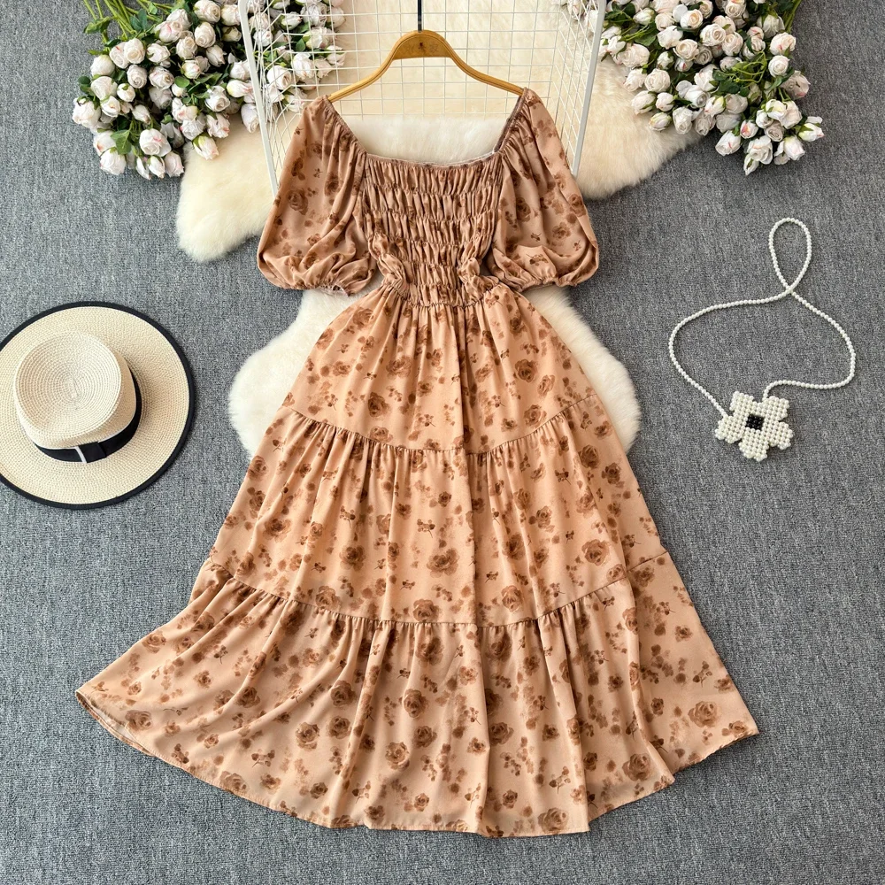 2026 nieuwe zomer bloemenprint lange jurk vrouwen vintage vierkante hals ruches borst sjerp bandage zonnejurk party vestidos