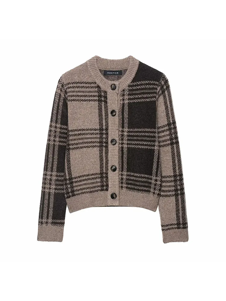 

Women 2025 Autumn Knitted Cardigan Woman Plaid Casual Short Sweaters Woman Daily Knitted Cardigans for Women Knitwears Coat
